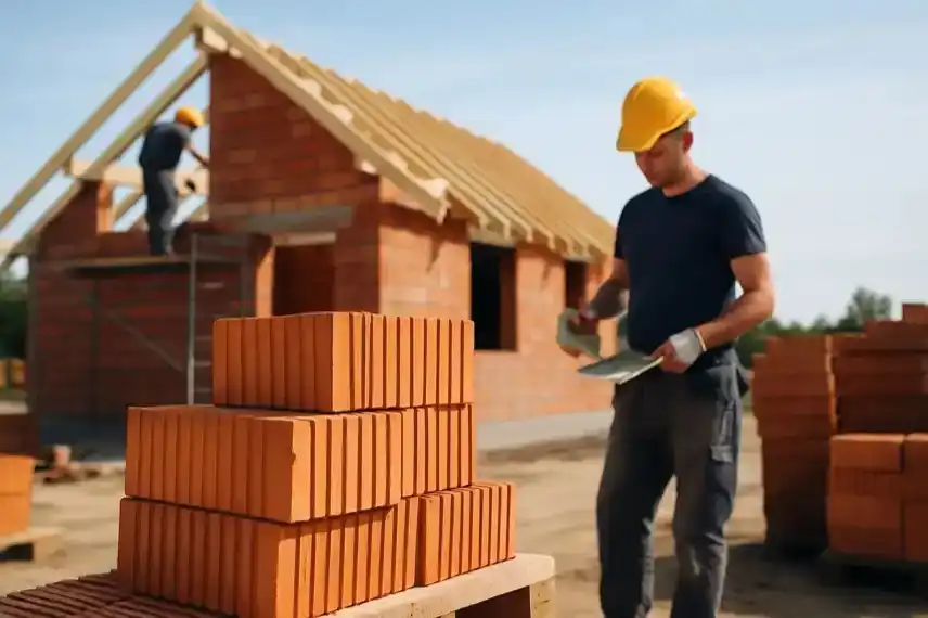 Baustelle im Harz mit Arbeitern und roten Ziegeln – Darstellung steigender Baukosten in Sachsen-Anhalt.