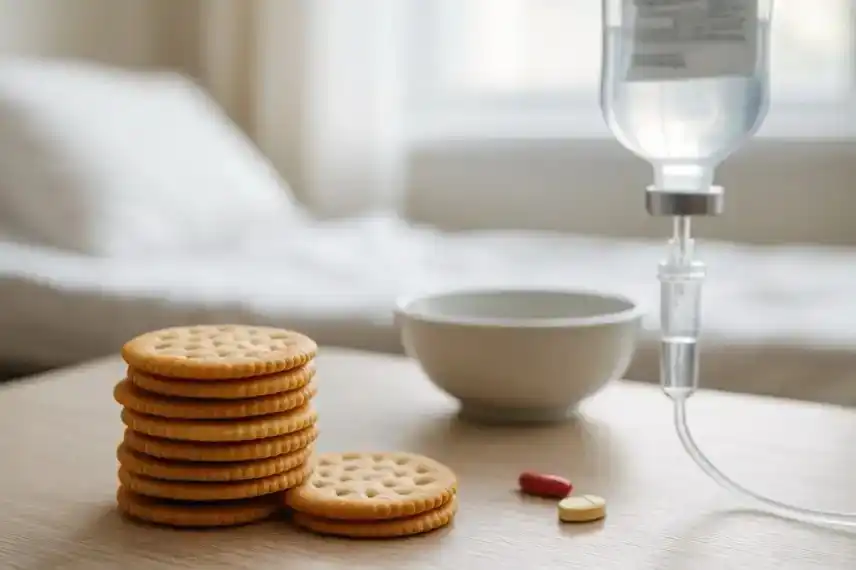 Ein Holztisch mit Crackern, Tabletten und einer Infusion vor einem unscharfen Krankenhausbett.