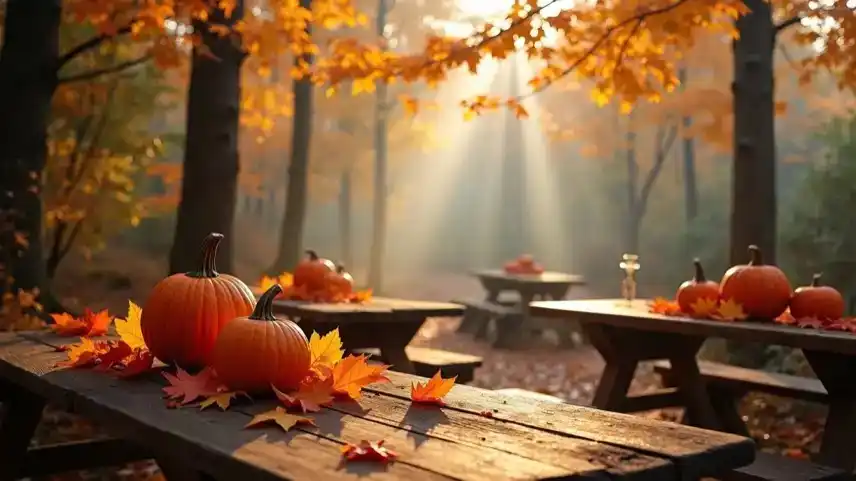 Holztisch mit Kürbissen, buntem Herbstlaub und warmem Sonnenlicht im Harz, fotografiert mit Tiefenschärfe und natürlicher Beleuchtung.