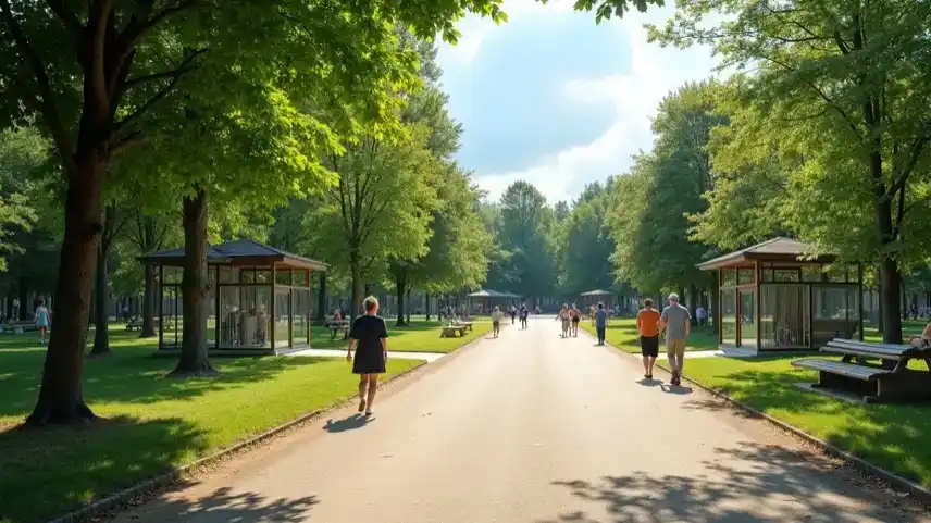 Zoologischer Garten im Harz bei Sonnenschein mit Gehegen, Wegen, Bäumen und Besuchern im Hintergrund.