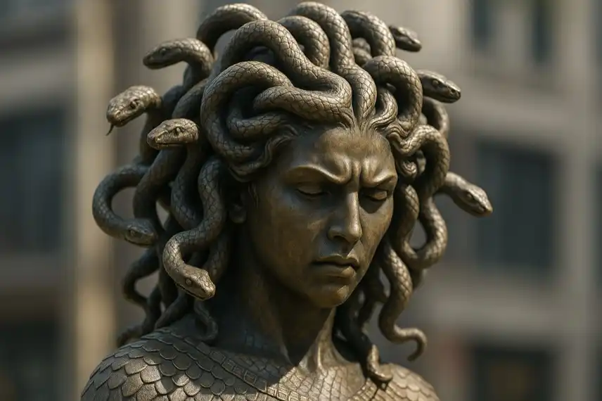 Bronzestatue der Medusa mit schlangenbedecktem Kopf und schuppiger Haut, im Sonnenlicht mit unscharfem Hintergrund fotografiert.