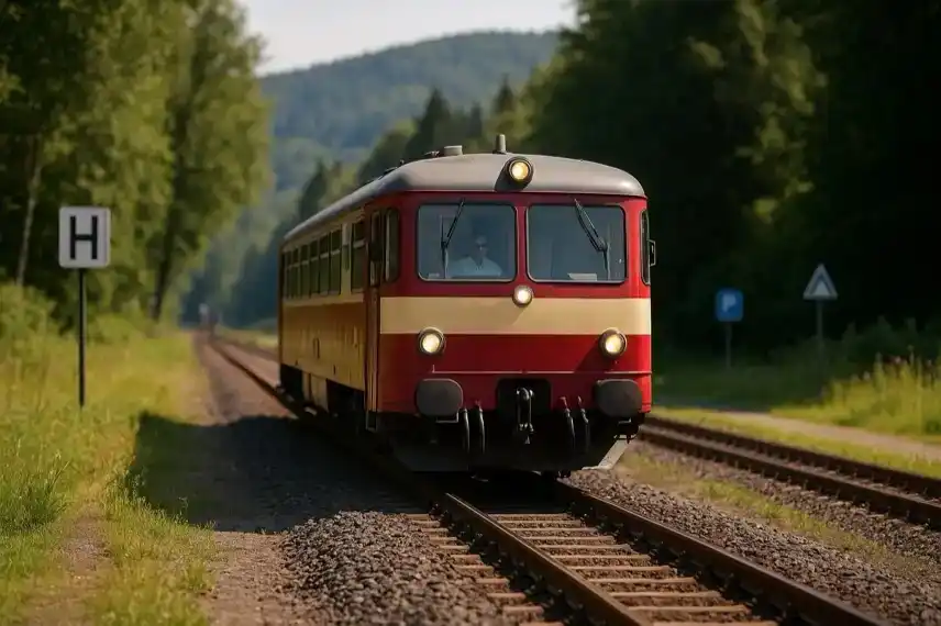 Regionalbahn auf eingleisiger Strecke in grüner Harzlandschaft bei Sonnenlicht, umgeben von Bäumen und Hügeln.