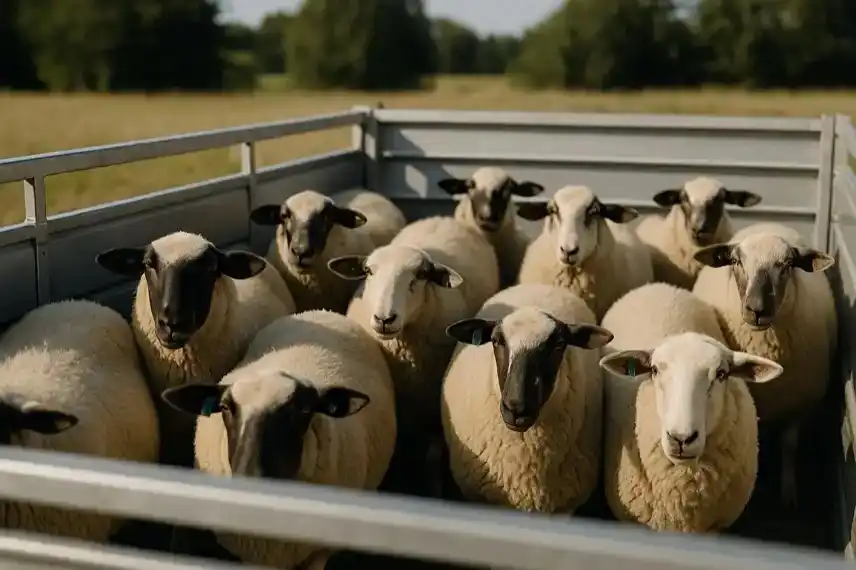 Mehrere Schafe mit hellen Wollmänteln stehen dicht beieinander in einem silbernen Viehanhänger auf einer grünen Weide.
