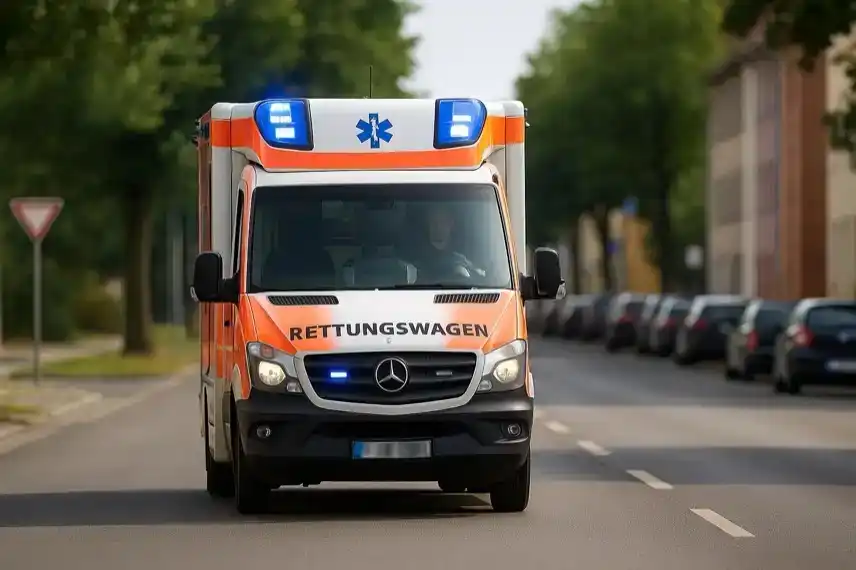 Ein orange-weißer Rettungswagen mit Blaulicht fährt auf einer städtischen Straße bei Tageslicht.