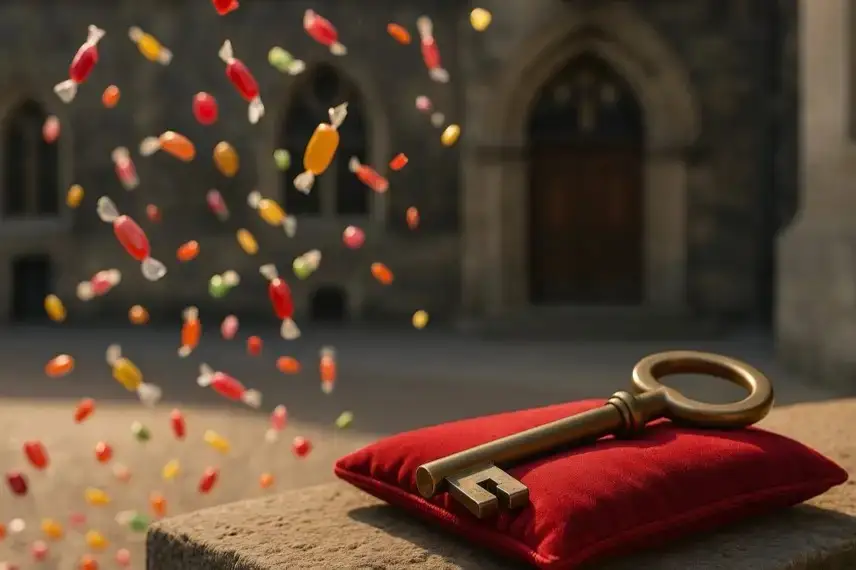 Goldener Schlüssel auf rotem Kissen, daneben schwebende bunte Bonbons vor einem alten steinernen Gebäude mit unscharfem Hintergrund.