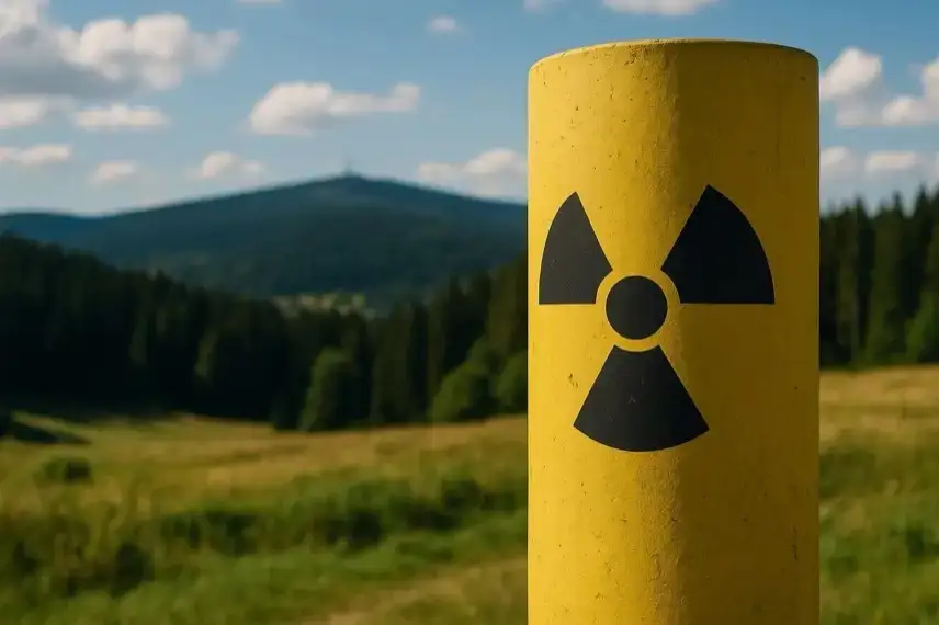 Gelber Warnpfosten mit schwarzem Strahlensymbol in einer grünen Harzlandschaft bei klarem Himmel.