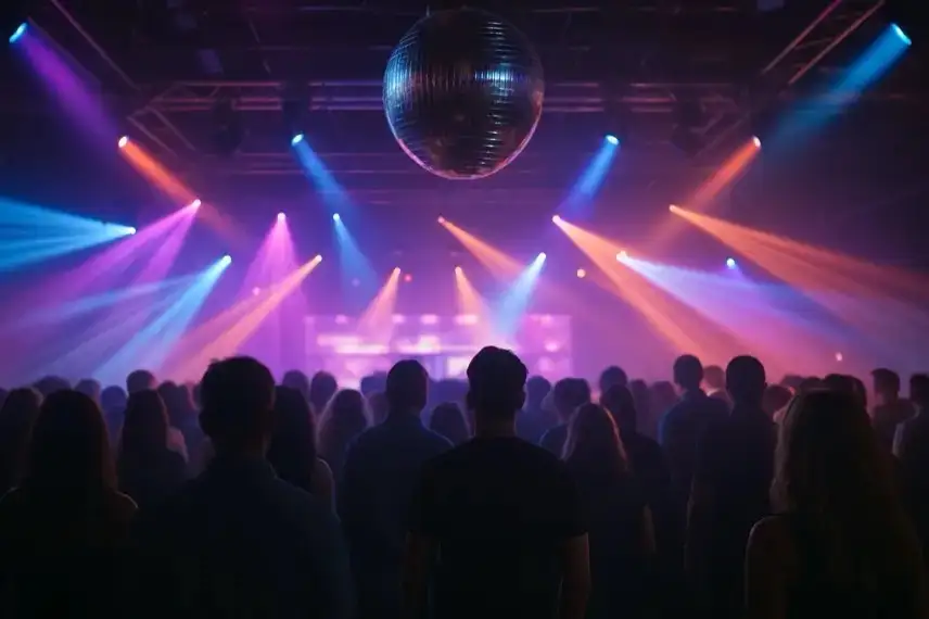 Menschen tanzen unter bunten Lichtern in einem Club mit Disco-Kugel und Nebel.