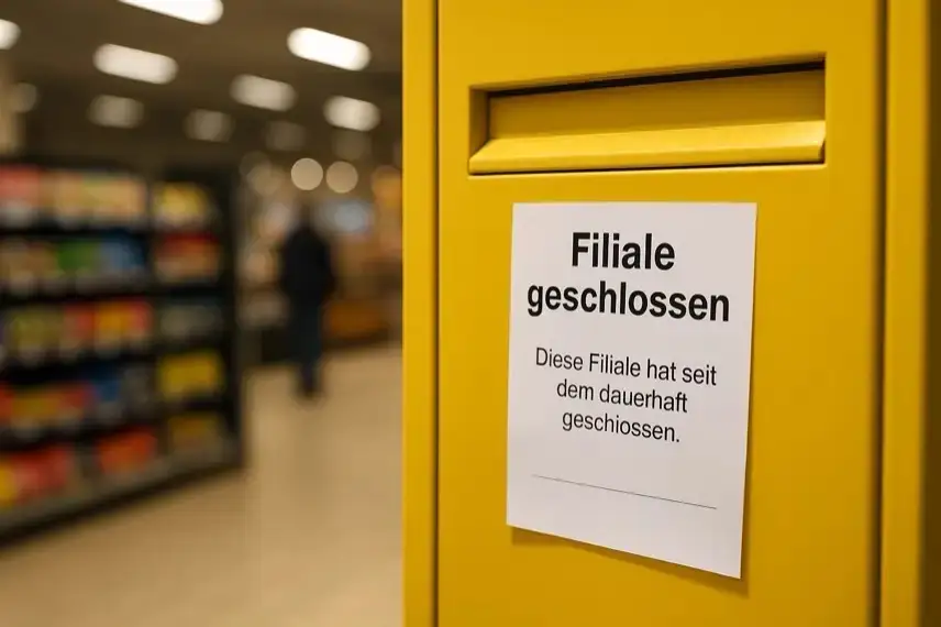 Gelber Paket-Schalter mit Hinweis auf geschlossene Filiale, im Hintergrund verschwommene Supermarktregale.