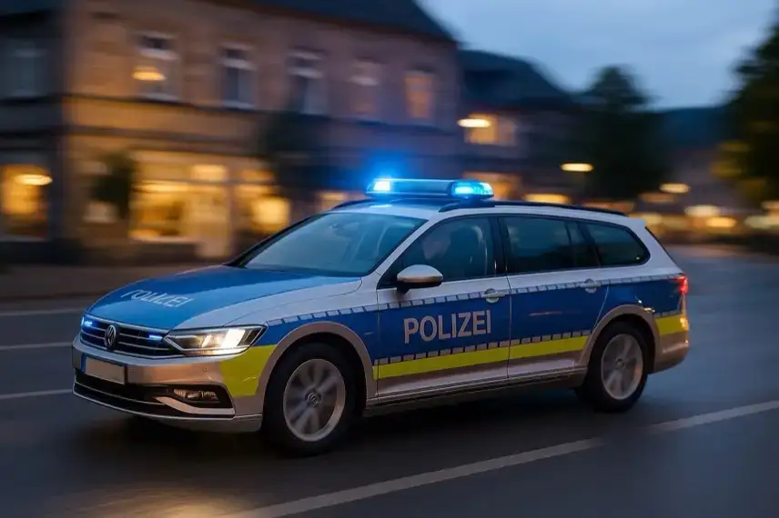 Ein deutscher Streifenwagen der Polizei fährt mit eingeschaltetem Blaulicht durch eine Stadtstraße bei Dämmerung.