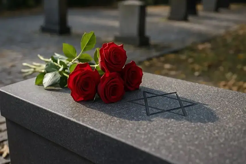 Ein Strauß roter Rosen liegt auf einem grauen Stein mit Davidstern, im Hintergrund ein gepflasterter Weg und herbstliche Blätter.
