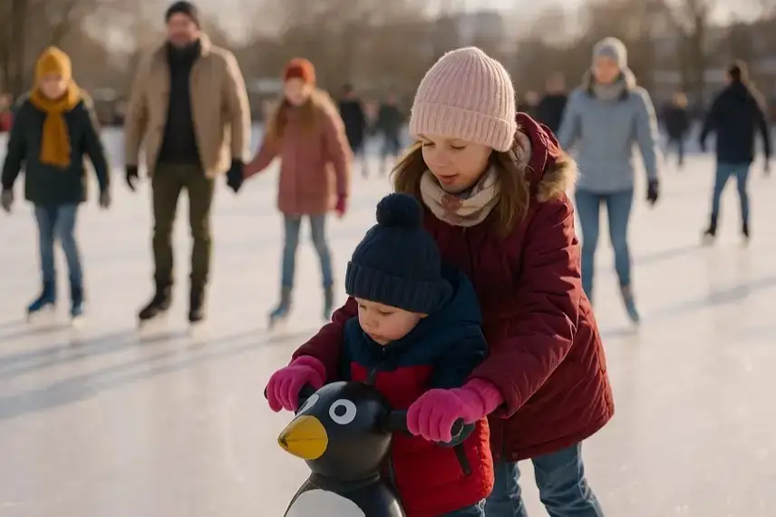 Leere winterliche Eisbahn mit glänzendem Eis und Bäumen im Hintergrund, fotografiert bei Tageslicht.