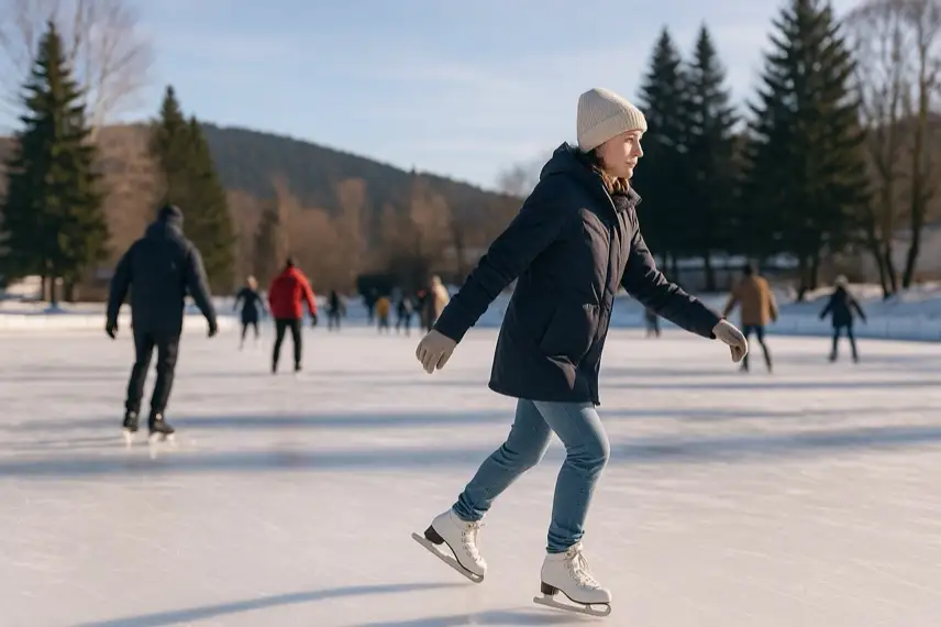 Mehrere Personen fahren bei Sonnenschein auf einer offenen Eisbahn, umgeben von verschneiten Bäumen und Bergen im Hintergrund.