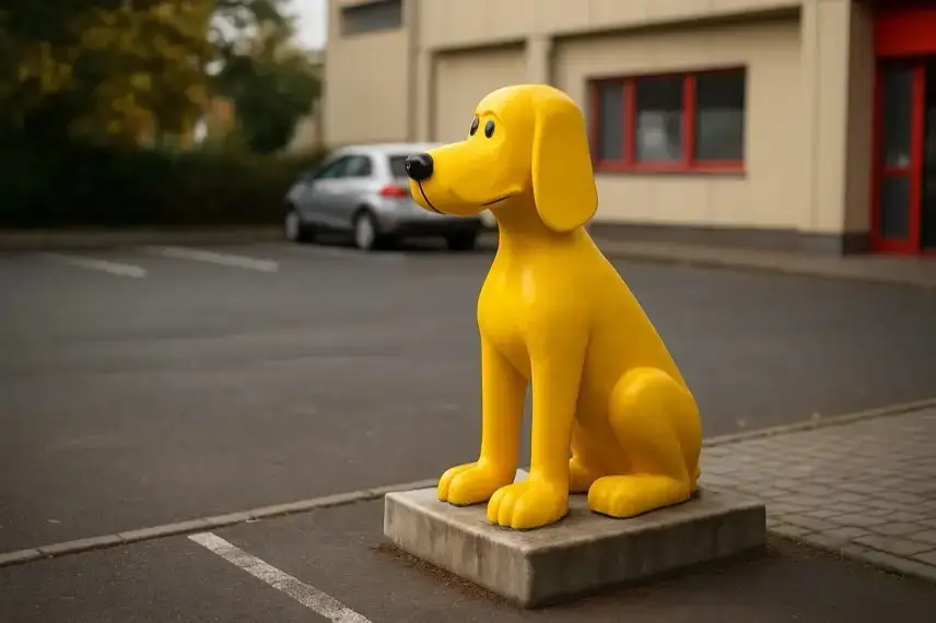 Gelbe Hundefigur aus Kunststoff sitzt auf einem Betonsockel auf einem leeren Parkplatz vor einem Gebäude.