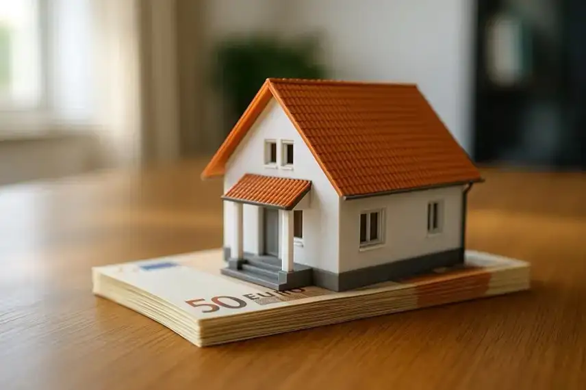 Ein Modellhaus mit rotem Dach steht auf einem Stapel 50-Euro-Scheine auf einem Holztisch, fotografiert mit Tiefenschärfe und natürlichem Licht.