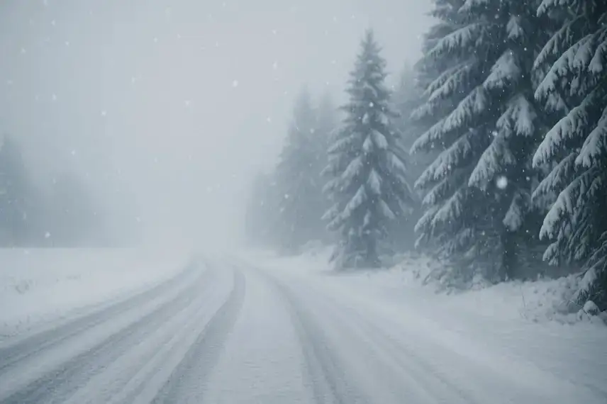 Verschneite Landstraße mit schneebedeckten Tannenbäumen bei leichtem Schneefall und Nebel im Harz.