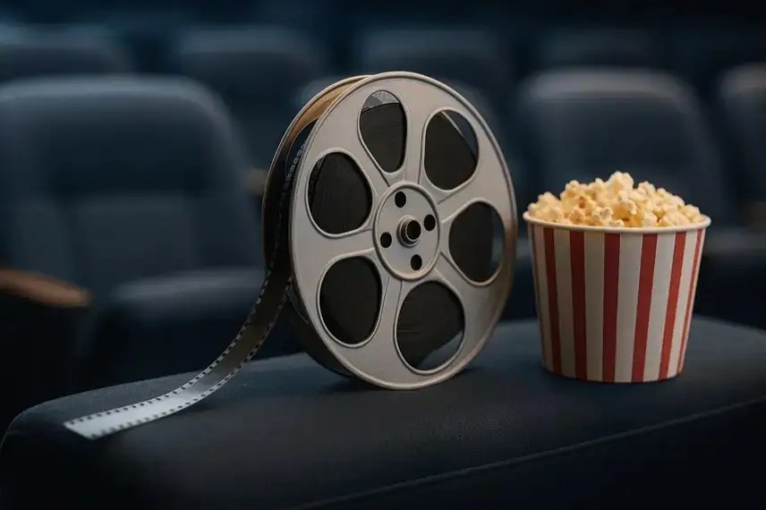 Filmrolle und Popcornbecher auf einem Kinositz mit unscharfen Sitzreihen im Hintergrund.