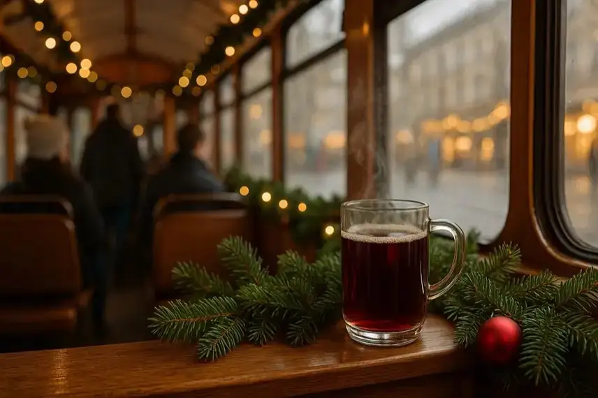 Ein Glas Glühwein steht auf einem Holzbrett in einer geschmückten Straßenbahn, mit Lichterketten und unscharfen Fahrgästen im Hintergrund.