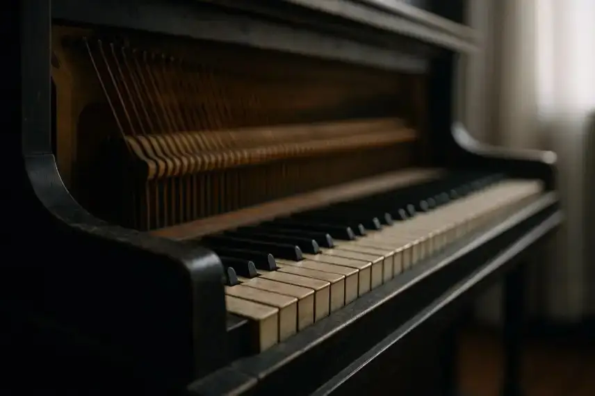 Nahaufnahme eines antiken Klaviers mit weißen und schwarzen Tasten, im Hintergrund leicht unscharf beleuchtet.