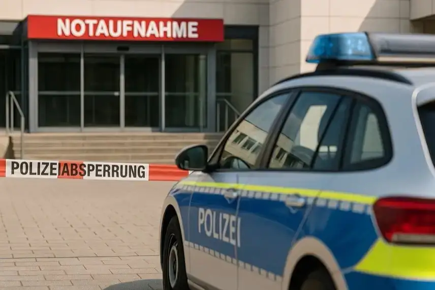 Ein Krankenhaus-Eingang mit Flatterband und einem unscharfen Polizeifahrzeug im Vordergrund bei Tageslicht.