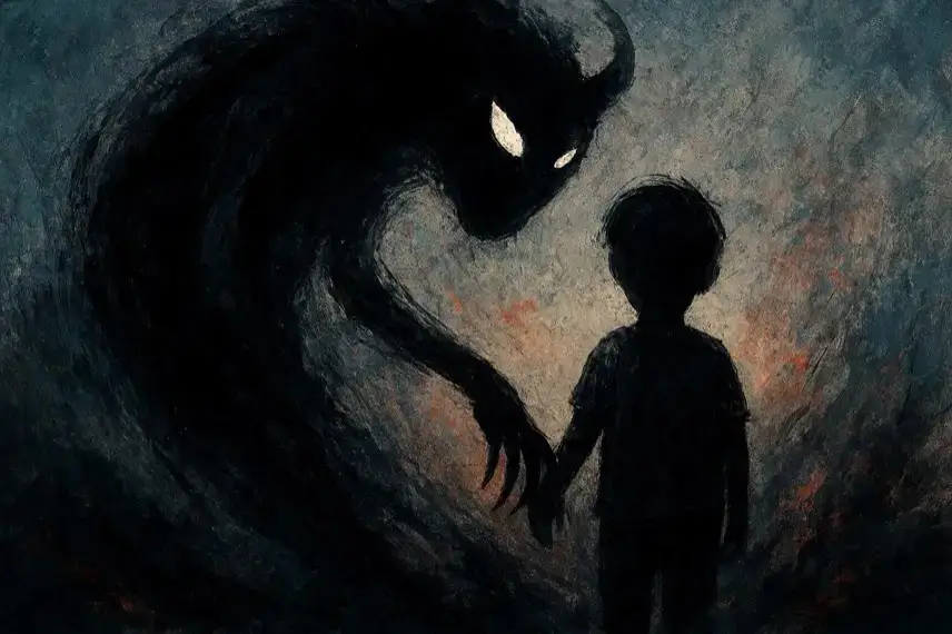 Ein dunkles, schattenhaftes Monster hält die Hand eines Kindes in einer düsteren Umgebung – symbolisches Kunstbild für Angst und Albträume.