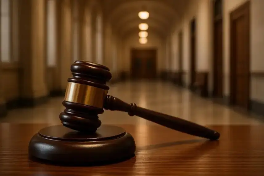 Holzhammer eines Richters auf einem Tisch mit unscharfem Gerichtsflur im Hintergrund.