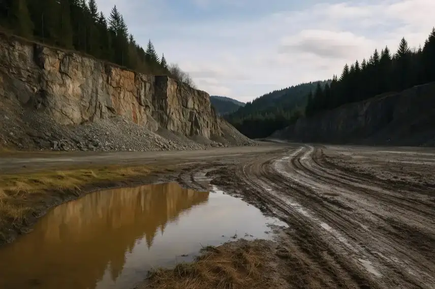 Steinbruchlandschaft mit Felswänden, Waldhintergrund, nassem Boden und Pfützen unter natürlichem Tageslicht.