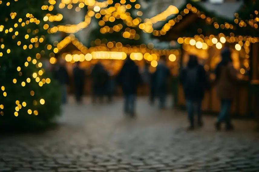 Unscharfer Weihnachtsmarkt mit Lichterketten, Ständen und vorbeigehenden Personen im Hintergrund.