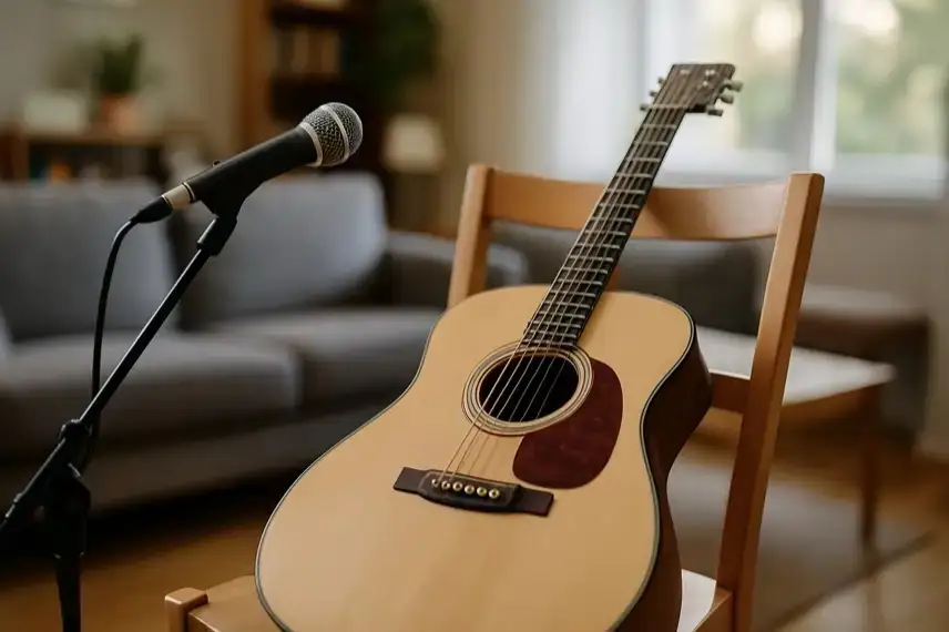 Akustikgitarre auf einem Stuhl mit Mikrofon davor in einem hellen Wohnzimmer.