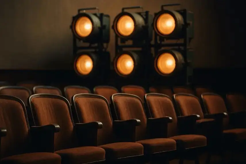 Reihe leerer brauner Theatersitze mit beleuchteten Bühnenstrahlern im Hintergrund.