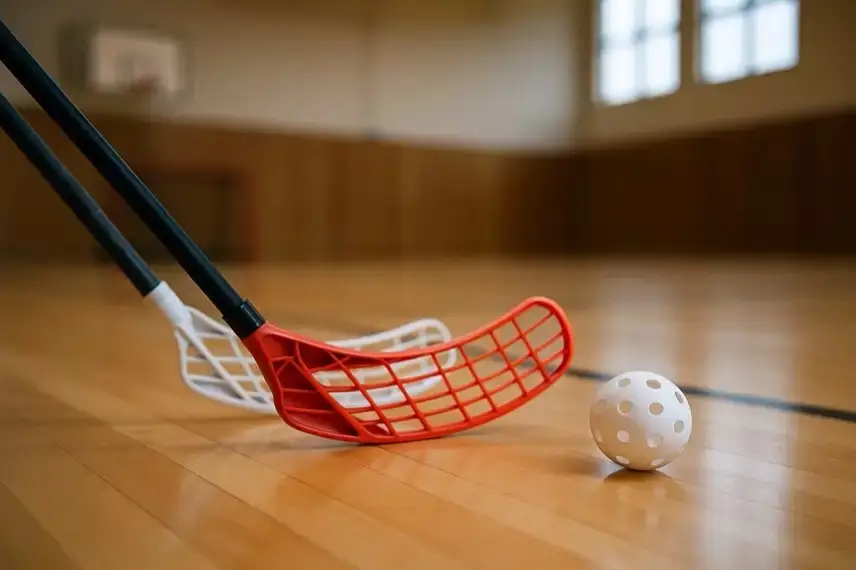 Zwei Floorball-Schläger und ein weißer perforierter Ball liegen auf einem Hallenboden.