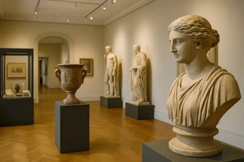 Fotorealistischer Museumsraum mit Skulpturen, Vitrinen und warmem Licht in einer Galerie mit Holzfußboden.