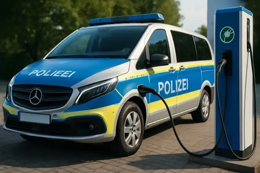 Elektrischer Polizeivan steht im Freien an einer Ladesäule und wird geladen.