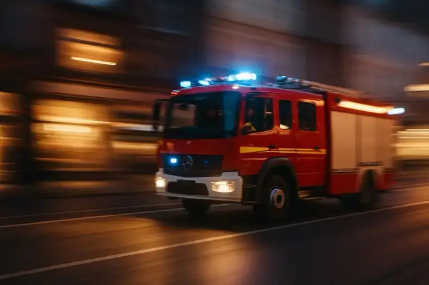 Feuerwehrauto mit eingeschaltetem Blaulicht fährt mit hoher Geschwindigkeit durch eine Stadt, deutliche Bewegungsunschärfe.