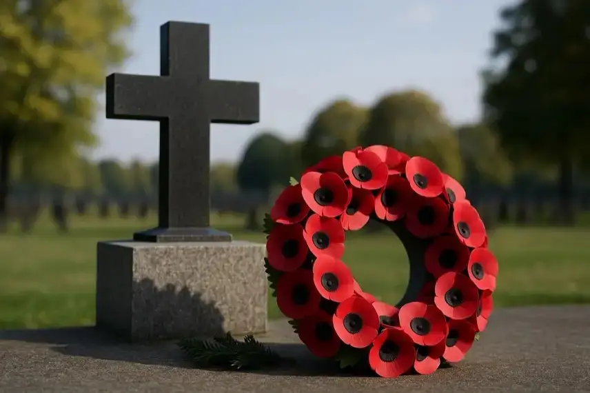 Steinkreuz auf einem Friedhof mit rotem Kranz im Vordergrund, unscharfer Hintergrund mit Bäumen und Grabreihen.