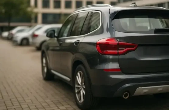 Rückansicht eines dunklen SUV auf einem Parkplatz mit leichter Tiefenschärfe.