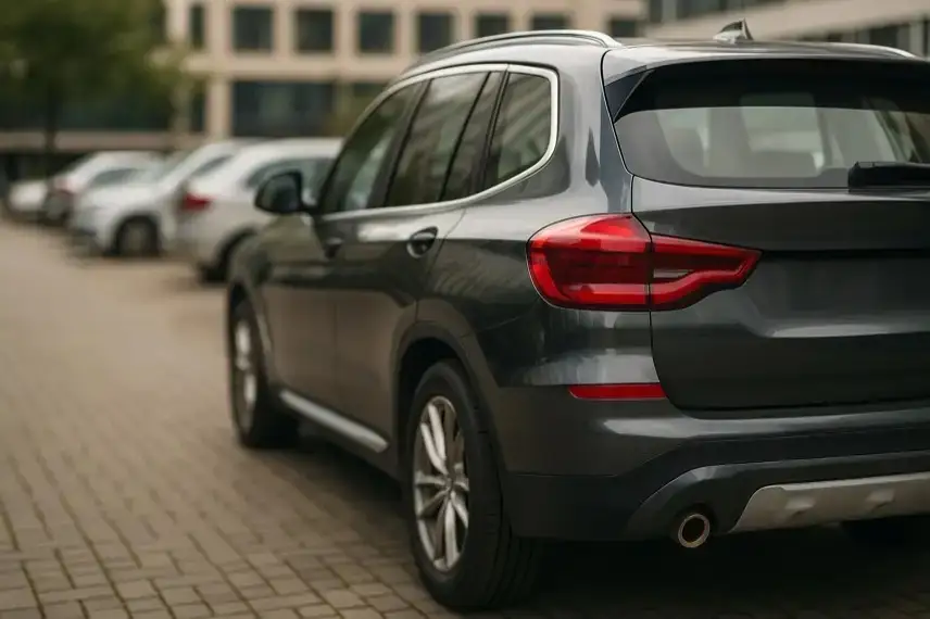 Rückansicht eines dunklen SUV auf einem Parkplatz mit leichter Tiefenschärfe.