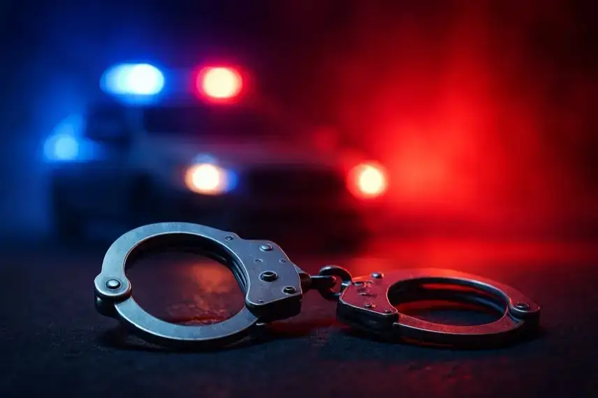 Metallhandschellen auf Asphalt im Vordergrund, dahinter unscharfes Polizeiauto mit blau-roten Einsatzlichtern.