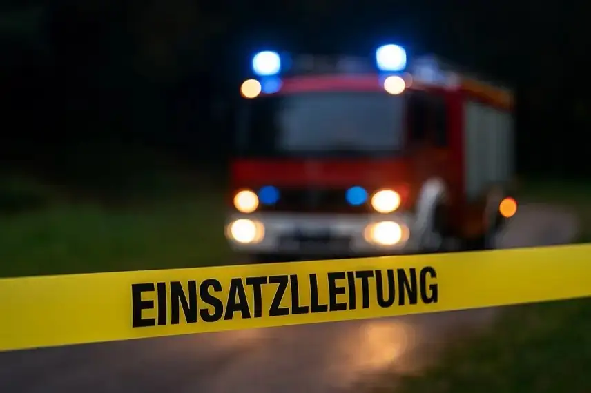Feuerwehrfahrzeug mit eingeschalteten Blaulichtern hinter gelbem Absperrband im Dunkeln.
