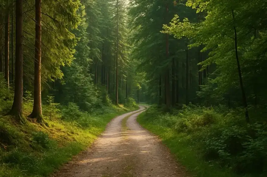 Waldweg, der sich durch dichtes grünes Waldgebiet windet, mit Sonnenlicht zwischen hohen Bäumen.