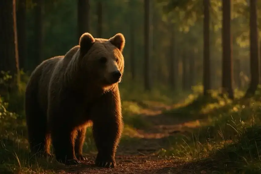 Ein Braunbär steht im warmen Sonnenlicht in einem Wald, dargestellt als fotorealistisches Symbolbild.