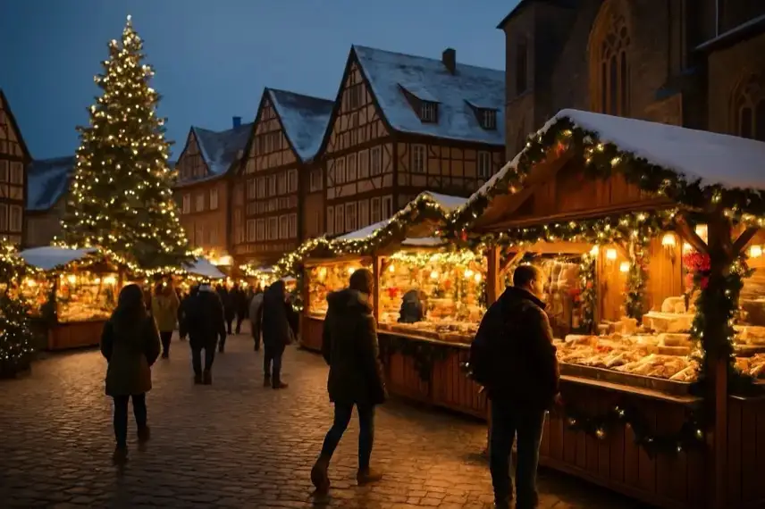 Fotorealistisches Bild eines weihnachtlich beleuchteten Marktplatzes mit Holzständen, Lichterketten, großen Fachwerkhäusern und Besuchern bei Abendlicht.