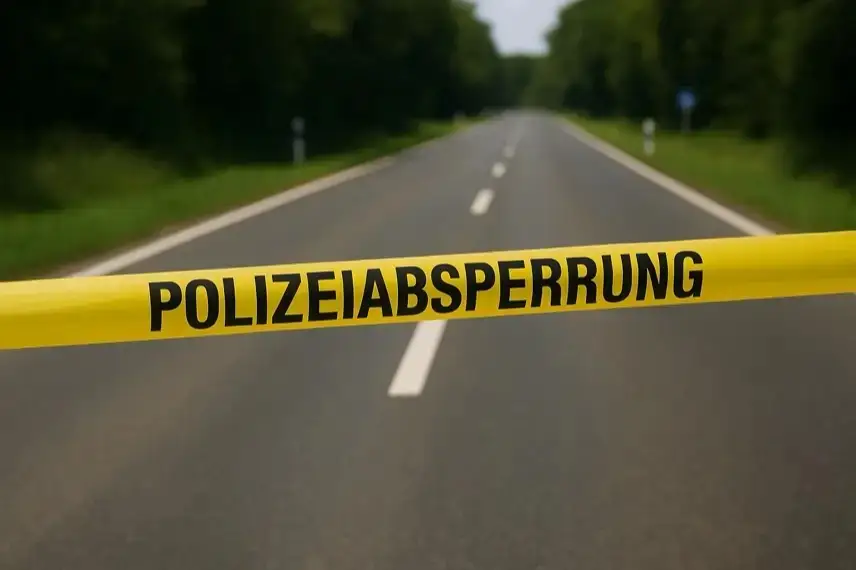 Gelbes Polizeiabsperrband vor einer zweispurigen Landstraße, die in einen bewaldeten Bereich führt.