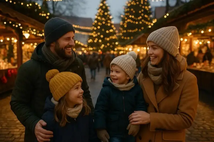 Familie mit zwei Kindern geht über einen hell beleuchteten Weihnachtsmarkt mit geschmückten Holzhütten und Lichterketten im Hintergrund.