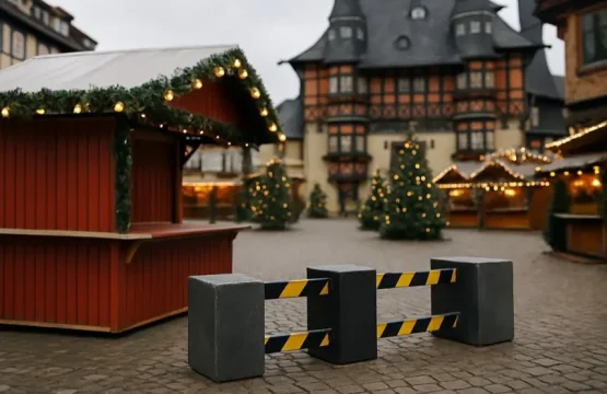 Weihnachtsmarkt-Kulisse mit leeren Verkaufsständen, Tannenbäumen und einer Sicherheitsbarriere auf einem historischen Marktplatz.