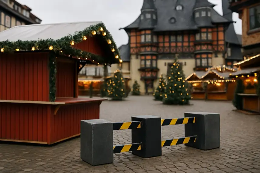 Weihnachtsmarkt-Kulisse mit leeren Verkaufsständen, Tannenbäumen und einer Sicherheitsbarriere auf einem historischen Marktplatz.