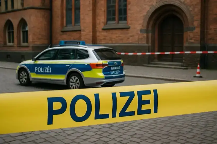 Polizeiauto vor einem rot-weißen Absperrband und einer gelben Polizeisperre vor einem Backsteingebäude.