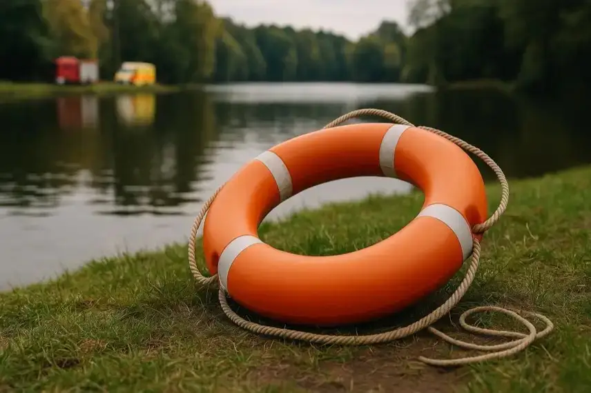 Orangefarbener Rettungsring mit Seil am Seeufer, im Hintergrund Wasser und unscharfe Einsatzfahrzeuge.