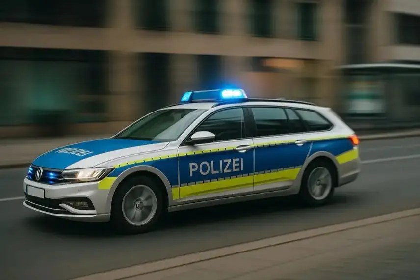 Gefahrstoffkanister mit ätzendem Warnsymbol hinter gelbem Polizeiabsperrband in einer unscharfen Industrieumgebung.