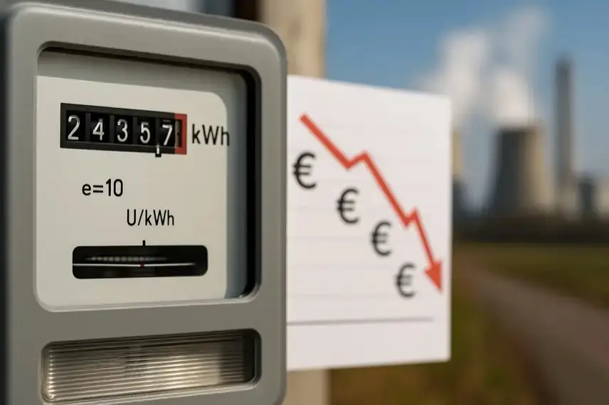 Analoger Stromzähler im Vordergrund, daneben ein Diagramm mit rotem Abwärtspfeil und Euro-Symbolen, dahinter unscharfe Industrieanlagen.