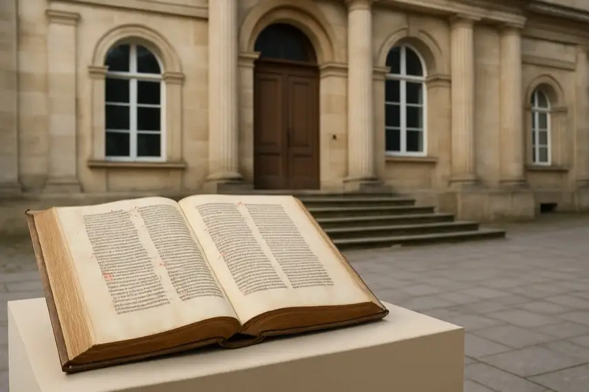 Aufgeschlagenes altes Buch auf einem Podest vor einem historischen Gebäude mit Säulen und Fenstern.